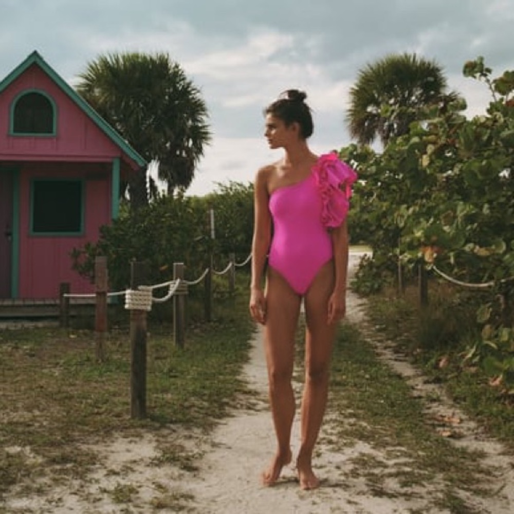 Zara Fuchsia Pink Large Ruffle One Sleeve Cheeky One Piece Swimsuit
